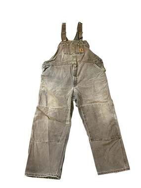 Vintage Carhartt R06 DKB Distressed Dark Brown Sandstone Duck Double Knee Bib Ov